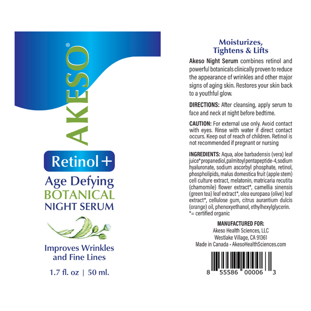 Akeso's Retinol Plus Age Defying Botanical Night Serum description, directions, and ingredients.