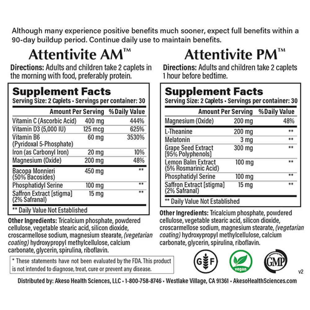 Attentive AM and Attentive PM supplement facts with directions.