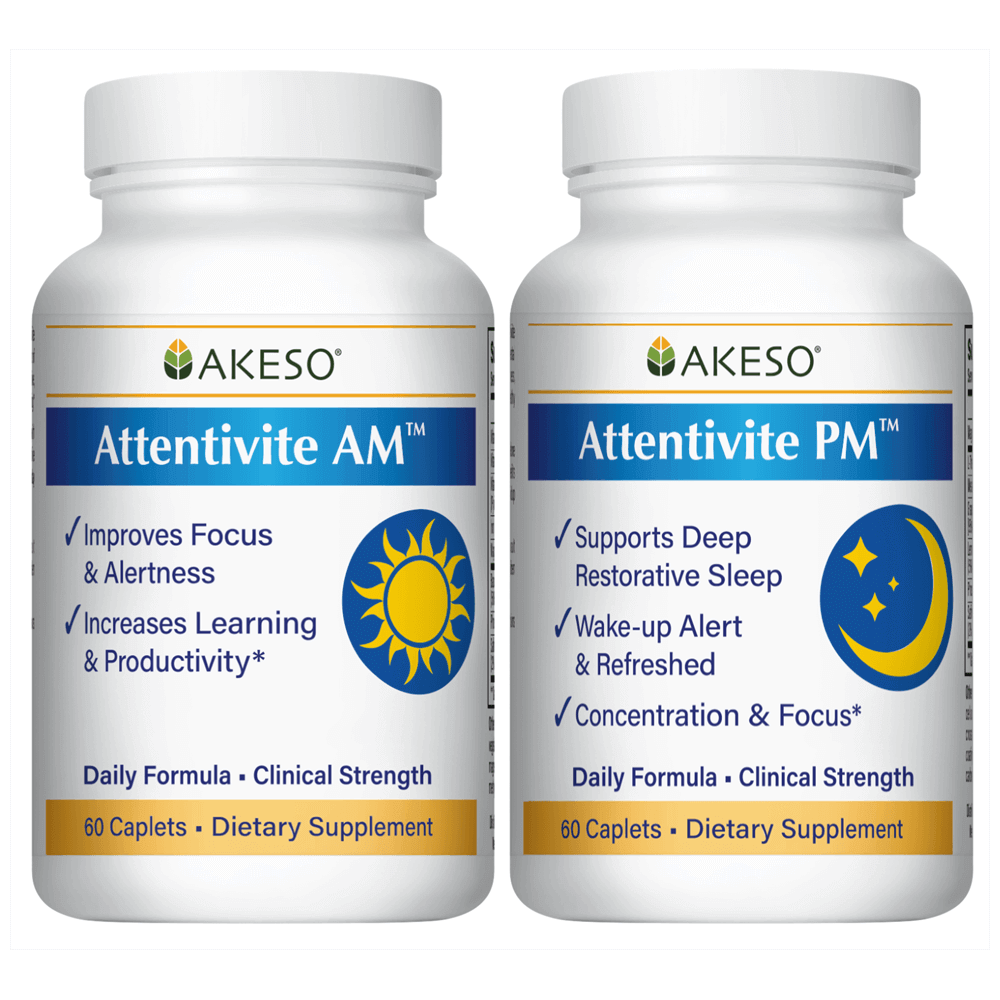 Akeso's Attentive AM and Attentive PM 60 caplets dietary supplements.