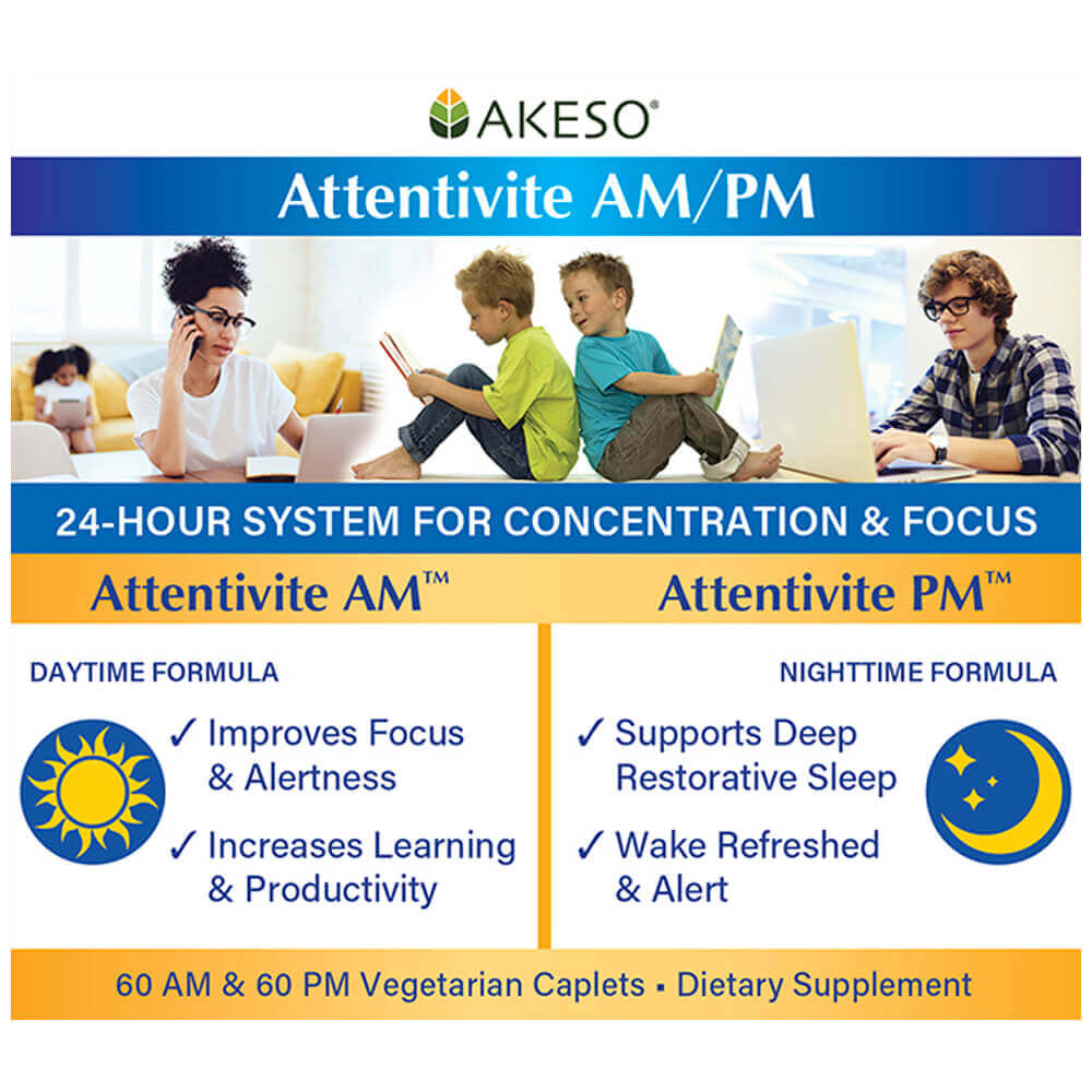 Attentive AM/PM with a daytime and nighttime formula provides benefits such as improved focus and restorative sleep.