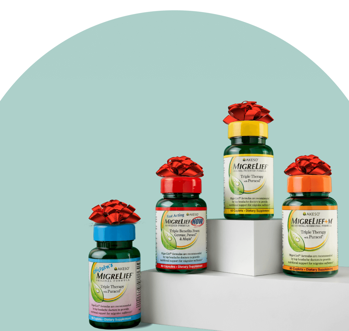 Children's MigreLief, MigreLief-NOW, MigreLief Original Formula, and MigreLief + M with bows on top.