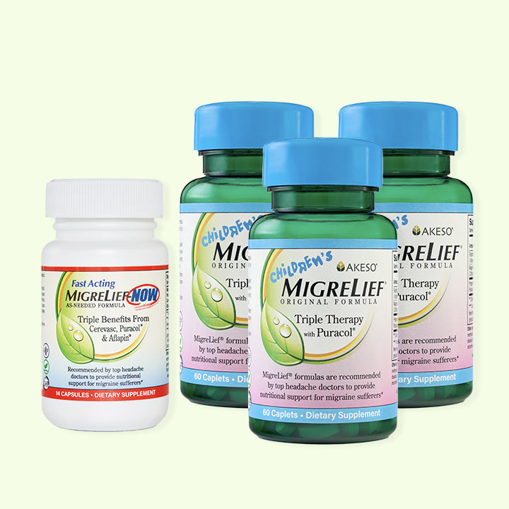 Children's MigreLief Starter Pack: 3 bottles of Children's MigreLief with a travel-sized MigreLief-NOW.