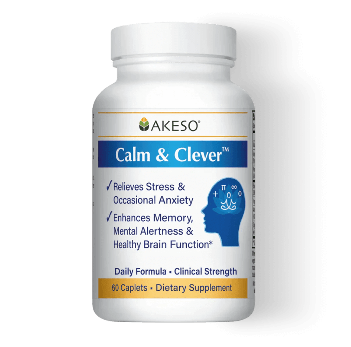 Akeso's Calm & Clever dietary supplement bottle.