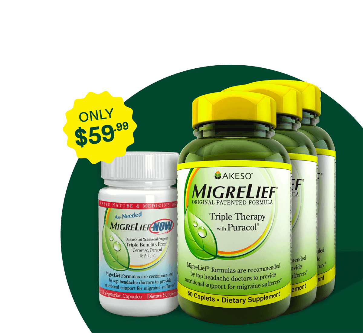3 bottles of MigreLief Original Formula with a MigreLief-NOW travel size for only $59.99.