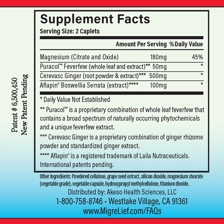 MigreLief-NOW travel-sized Supplement Facts.