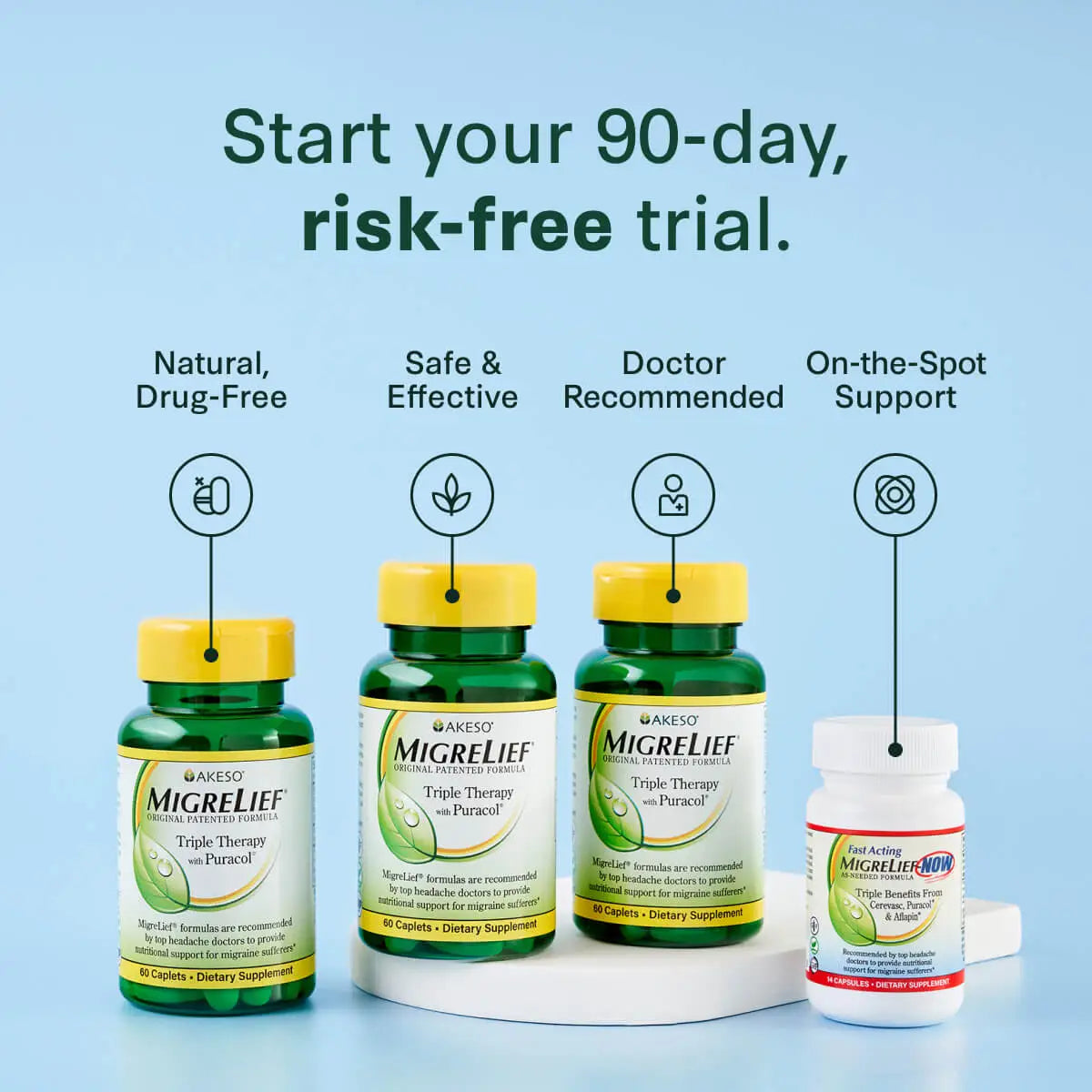 Supplement bottles with promotional text on a light blue background