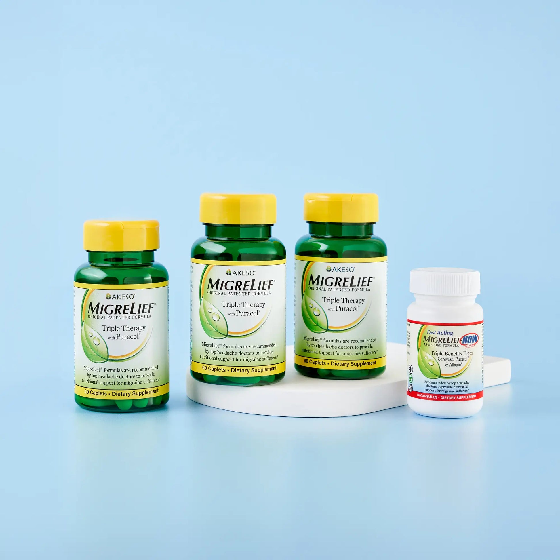 MigreLief Orignal Formula Starter Pack: 3 bottles of MigreLief Original Formula and 1 bottle of MigreLief-NOW.