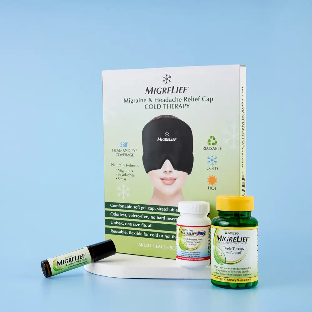 MigreLief Rescue Kit Deluxe: includes MigreLief Relief Cap, Comfort Stick, travel-sized MigreLief-NOW, and MigreLief Original Formula.