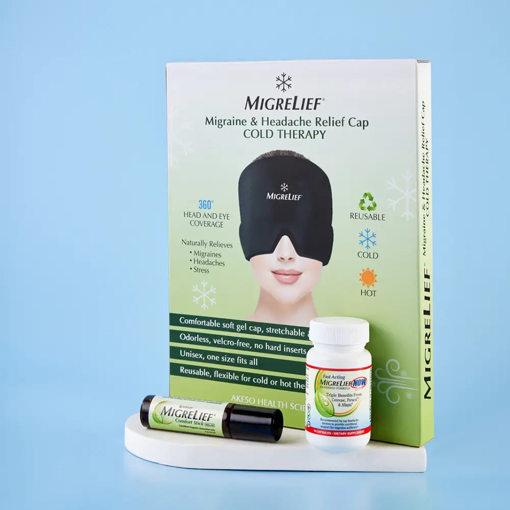 MigreLief Rescue Kit which includes MigreLief Migraine Relief Cap, Comfort Stick, and Travel-Sized MigreLief-NOW.
