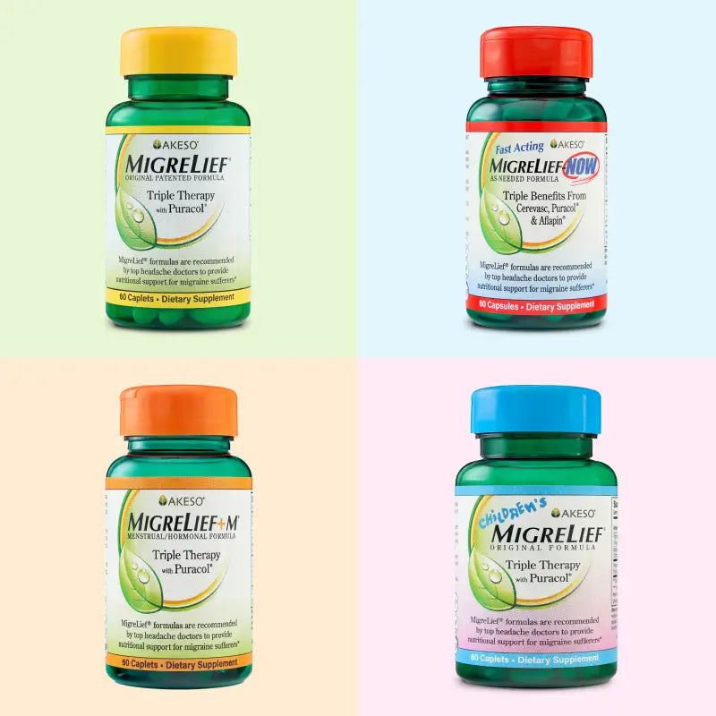 A variety of MigreLief products starting with MigreLief Original formula, MigreLief NOW, MigreLief + M, and Children's MigreLief.
