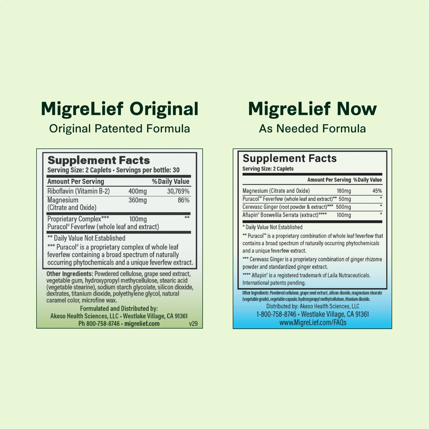 MigreLief Original Formula and MigreLief-NOW supplement facts and ingredient list.
