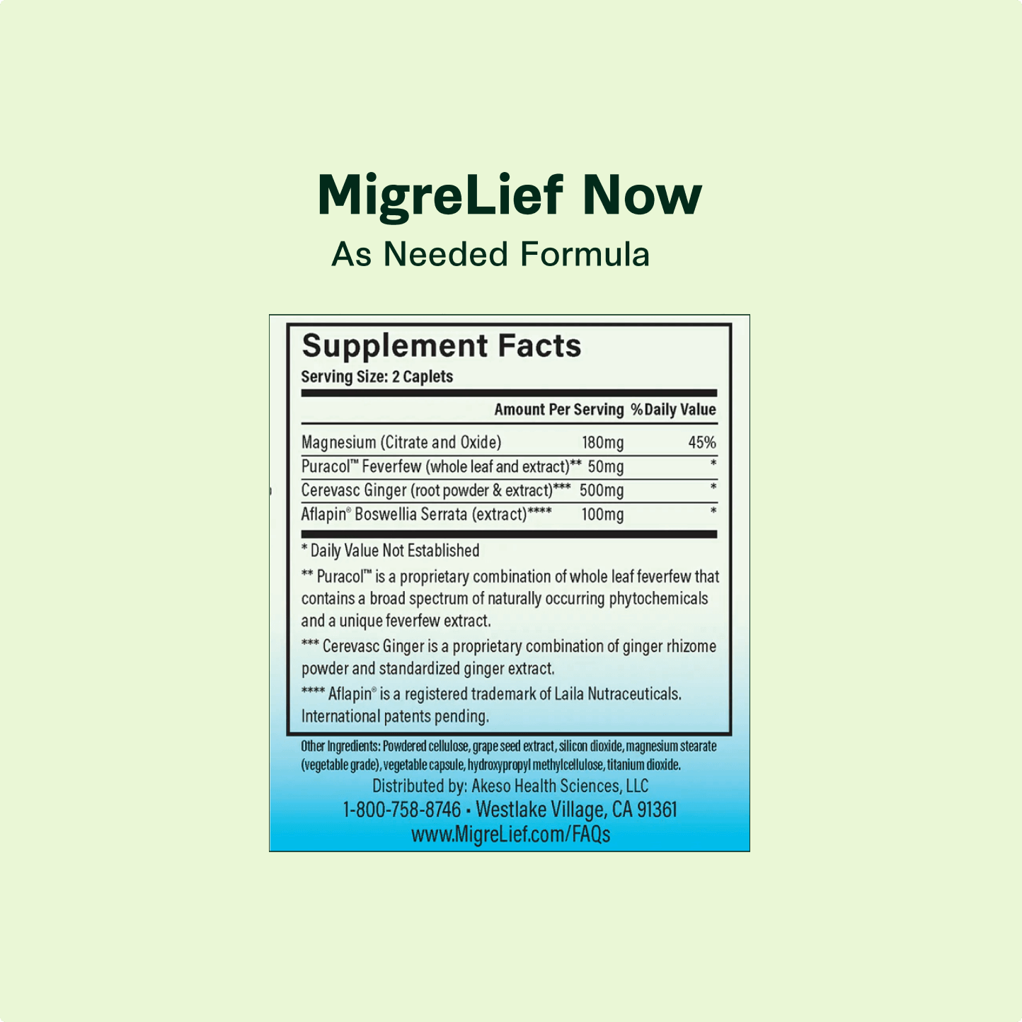 MigreLief-NOW Supplement facts and ingredients list.