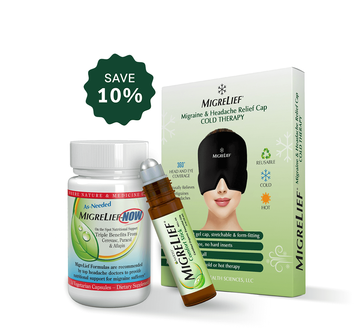 MigreLief Rescue Kit: Includes Migraine & Headache Relief Cap, MigreLief Comfort Stick, and MigreLief-NOW. Save 10%.