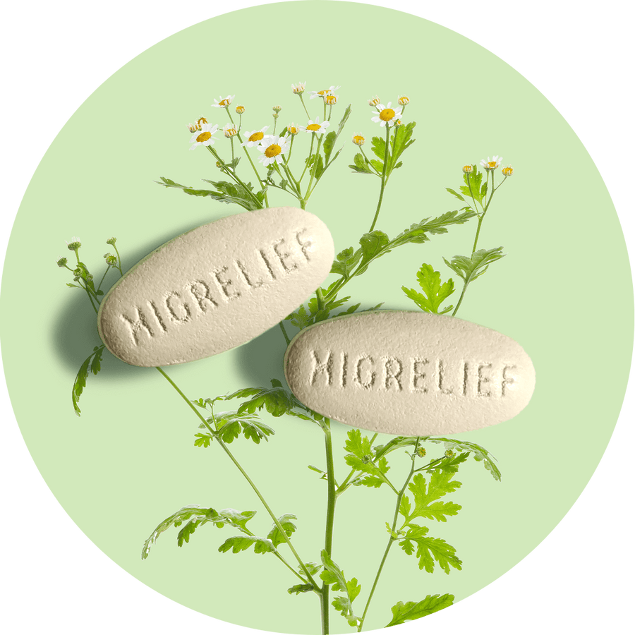 Two MigreLief capsules with a plant.