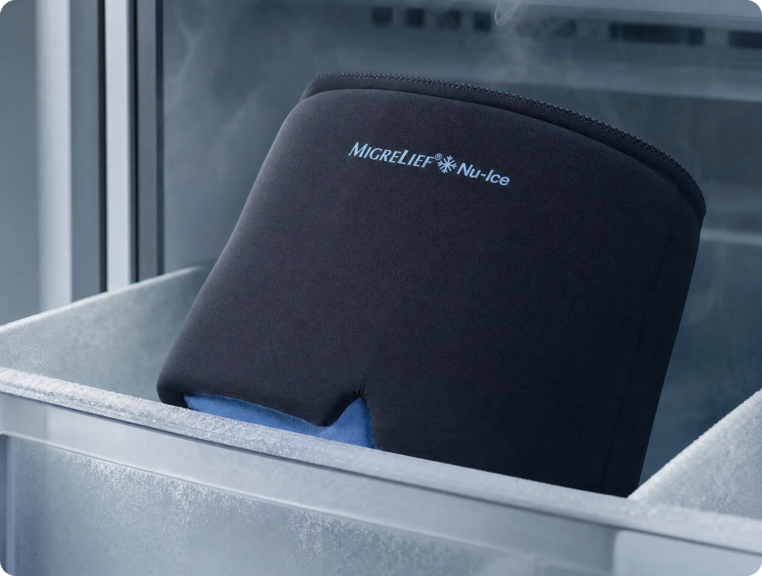 MigreLief Nu-Ice Cap chilling in a freezer drawer