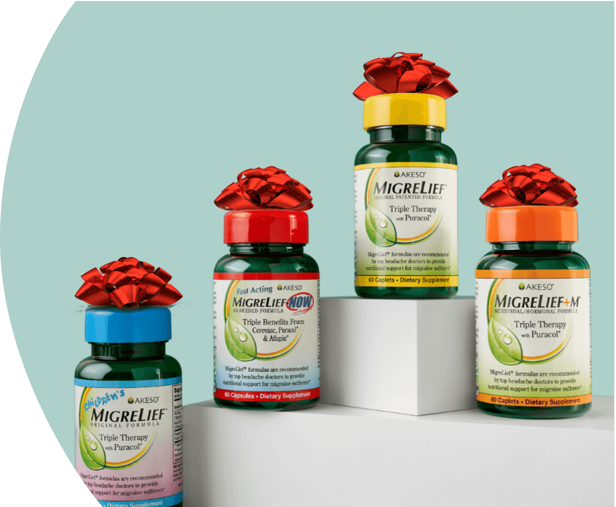 Children's MigreLief, MigreLief-NOW, MigreLief Original Formula, and MigreLief + M with bows on top.