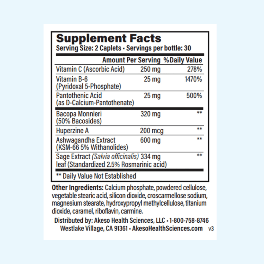 Akeso's Calm & Clever Supplement Facts. 