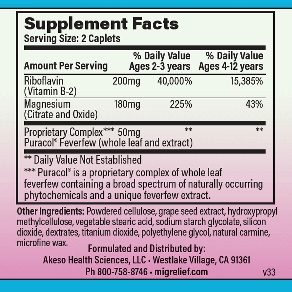 Children's MigreLief Supplement Facts and ingredients label.