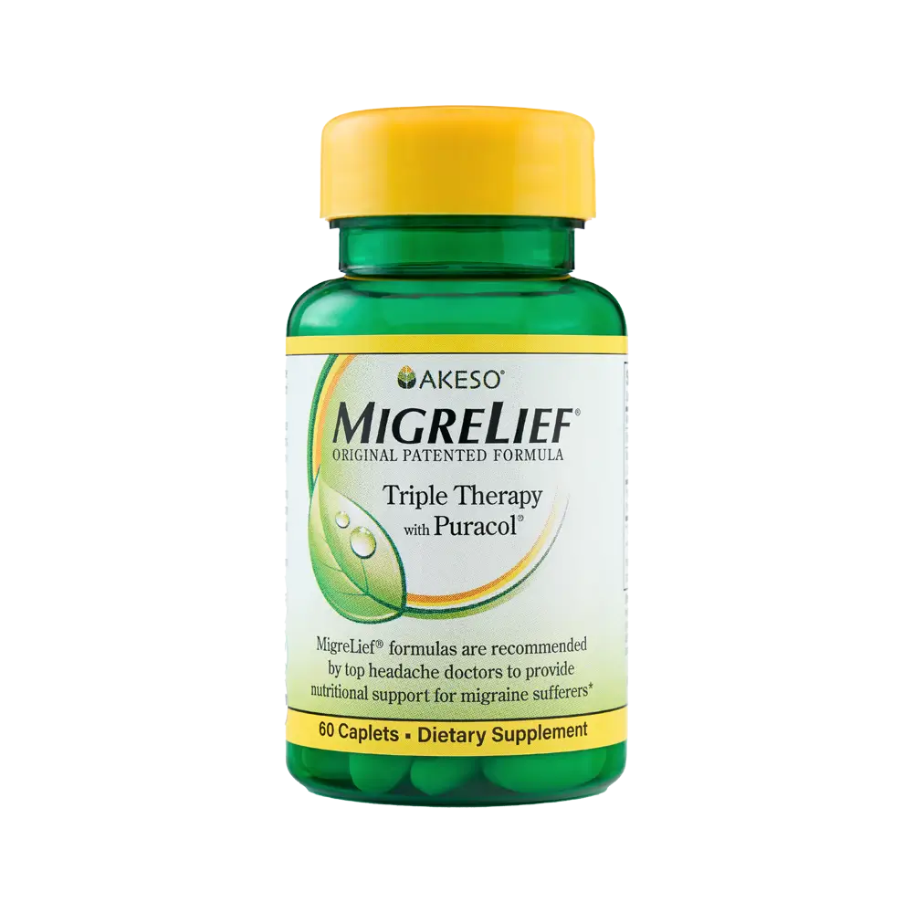A bottle of MigreLief Original Formula supplement.