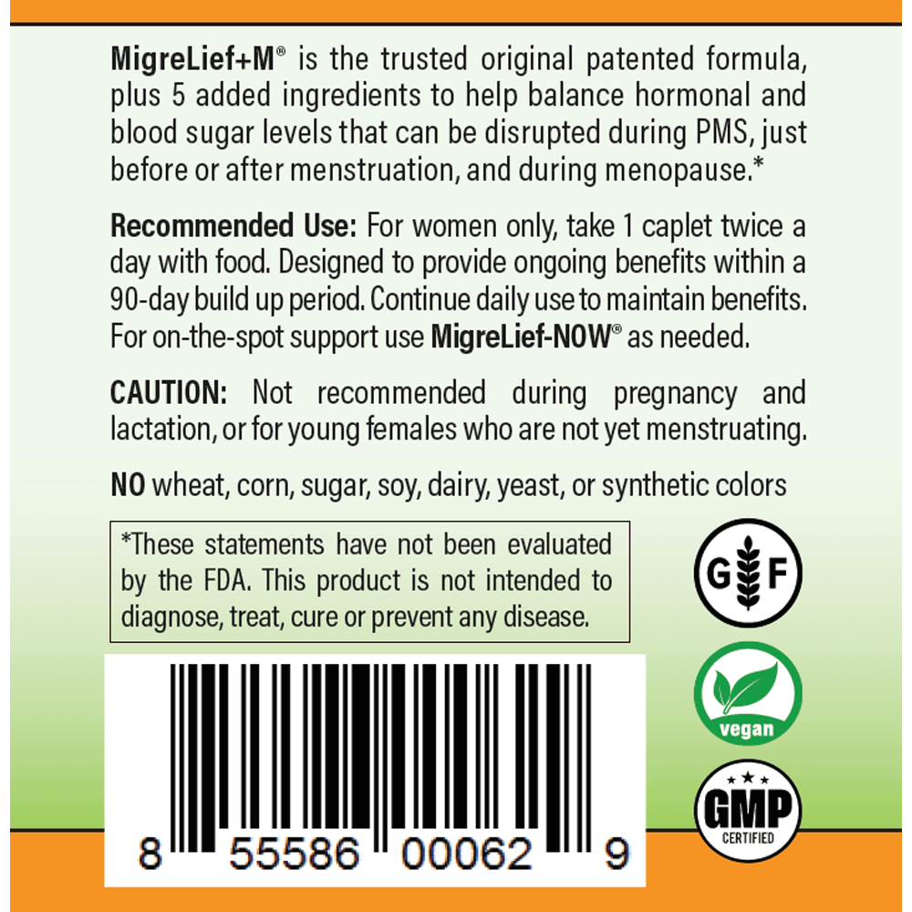 MigreLief+M product label describing the supplement and recommended use.