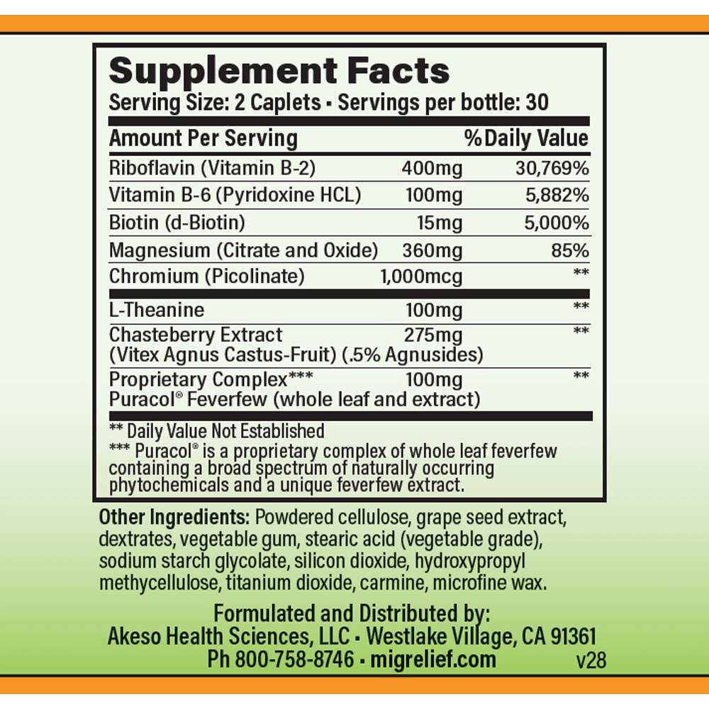 MigreLief+M Supplement Supplement and Nutritional Facts.