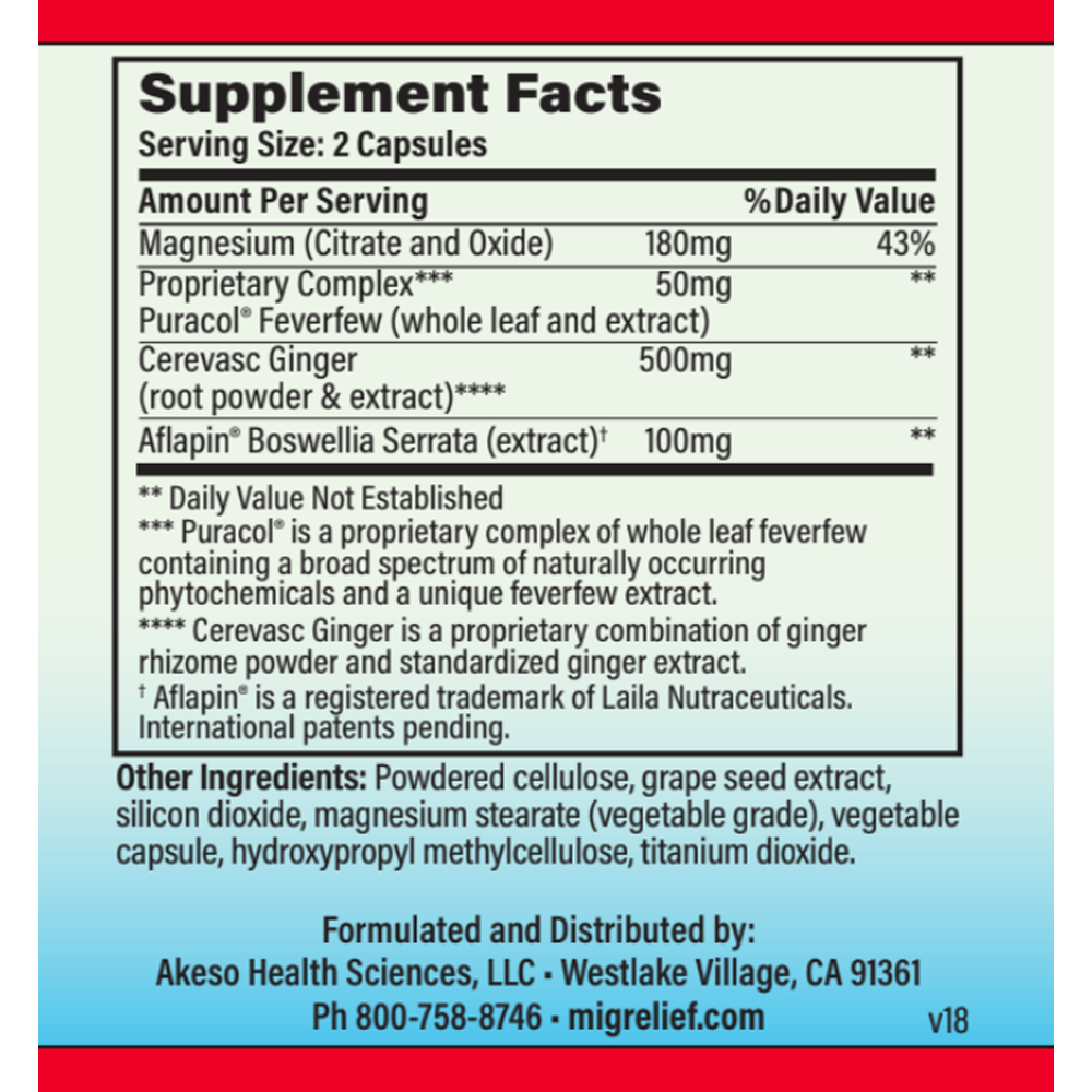 MigreLief-NOW supplement facts and ingredients label.