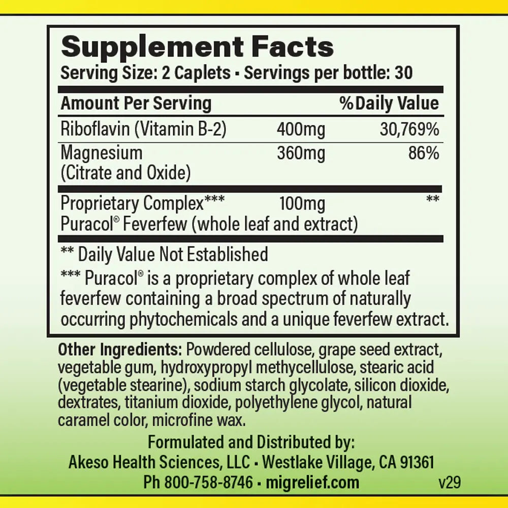 Supplement facts label for a product with vitamin B-2 and magnesium content, proprietary complex, and other ingredients listed.