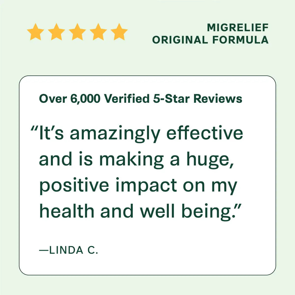 Product review with five-star rating and customer quote on a light green background