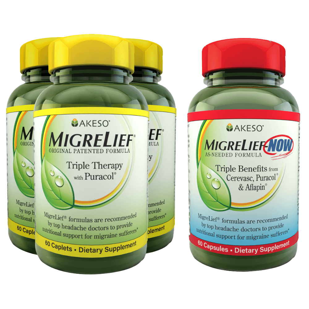 3 bottles of original migrelief and 1 bottle of migrelief-now, migraine supplement bundle