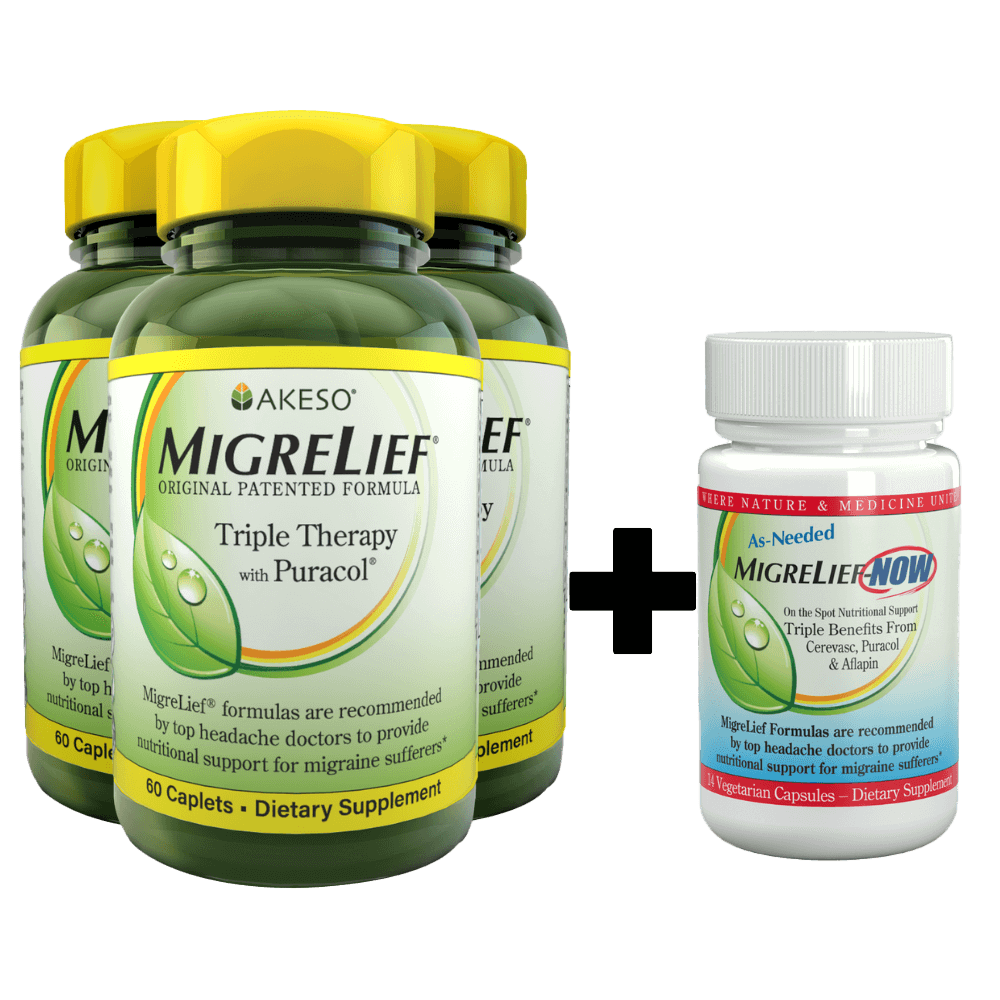 3 bottles of original migrelief and 1 bottle of travel size migrelief-now, migraine supplement bundle